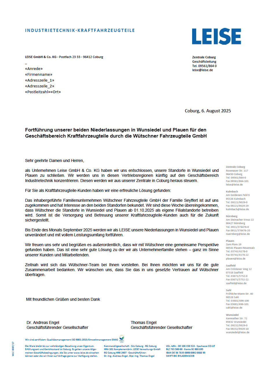 Kundenanschreiben Firma Leise